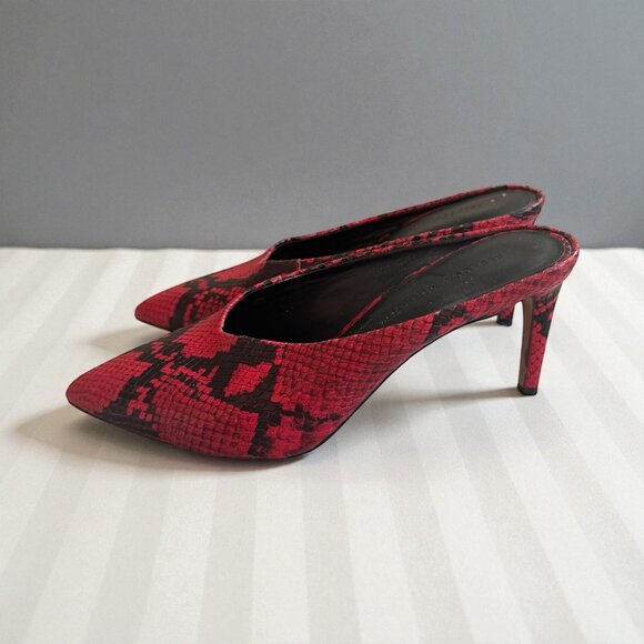 REBECCA MINKOFF Red Black Snake Print Mules Heels Size 7 - Picture 1 of 7